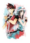  1boy 1girl black_hair black_shirt blue_(pokemon) blue_eyes blue_shirt brown_hair hat headwear jeans poke_ball pokemon pokemon_special red_(pokemon) red_eyes red_jacket red_skirt ring watercolor wristbands 