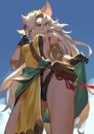  1girl animal_ears aqua_eyes breasts cancer_(zjcconan) clouds dark_skin from_below gloves granblue_fantasy long_hair panties pouch sideboob sky solo underwear 