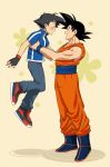  2boys black_hair blue_boots boots brown_eyes carrying closed_eyes crossover dougi dragon_ball dragon_ball_z fingerless_gloves floral_background from_side gloves height_difference highres kanaria_(dororotree) male_focus multiple_boys open_mouth pokemon pokemon_(anime) satoshi_(pokemon) shoes sneakers son_gokuu wristband 