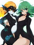  2girls ahoge black_dress breast_press breasts cleavage crossover curly_hair dress fang green_eyes green_hair high_collar highres long_hair looking_at_viewer midna multiple_girls navel no_panties nude one-punch_man orange_hair pointy_ears red_eyes short_hair slugbox smile stomach symmetrical_docking tatsumaki the_legend_of_zelda the_legend_of_zelda:_twilight_princess yellow_sclera 