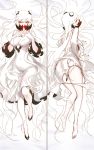  1girl ass barefoot breasts cleavage covered_navel dakimakura dress highres horns kantai_collection large_breasts long_hair luen_kulo midway_hime orange_eyes shinkaisei-kan solo torn_clothes veins very_long_hair white_dress white_hair white_skin 