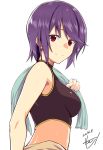  1girl bare_shoulders breasts looking_at_viewer original purple_hair red_eyes saemon_(tonpura) short_hair signature sleeveless smile solo sweat tank_top towel towel_around_neck upper_body white_background 