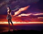  arms_behind_back blue_hair cliff cloud hair_ribbon long_hair looking_back original ouka_mai purple_eyes ribbon ribbons scenery scenic sky star_(sky) starry_sky sunset thighhighs very_long_hair wind wings zettai_ryouiki 