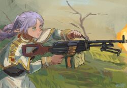  1girl ammunition_belt ammunition_box anachronism artist_name bipod capelet dated earrings elf finger_on_trigger firing frieren from_side gold_trim green_eyes grey_hair gun highres holding holding_weapon jewelry kanokoga light_machine_gun long_hair long_sleeves m249_saw machine_gun outdoors parted_bangs pointy_ears solo sousou_no_frieren twintails upper_body v-shaped_eyebrows weapon white_capelet 