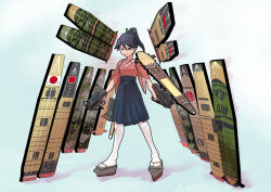  1girl alternate_weapon black_hair black_hakama dual_wielding flight_deck full_body hair_between_eyes hair_ribbon hakama hakama_skirt highres holding houshou_(kancolle) hull_shoes japanese_clothes kantai_collection kimono long_hair pink_kimono ponytail ribbon rigging skirt solo standing tabi tsun&#039;ichi_(tsun1) weapon 