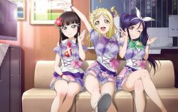  3girls aqua_eyes artbook black_hair blonde_hair blue_hair blush bow bowtie bracelet braid couch crossed_legs crown_braid dress flower green_bow green_bowtie grin hair_flower hair_ornament highres jewelry kimi_no_kokoro_wa_kagayaiteru_kai? kurosawa_dia long_hair looking_at_viewer love_live! love_live!_sunshine!! matsuura_kanan mole mole_under_mouth multiple_girls necktie non-web_source official_alternate_costume official_art ohara_mari one_eye_closed open_mouth ponytail purple_bow purple_bowtie red_necktie sitting smile v violet_eyes yellow_eyes 