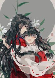  1boy 1girl arm_around_shoulder bead_necklace beads black_hair blush closed_mouth couple flower hair_between_eyes hair_tie hand_on_another's_head hetero highres higurashi_kagome hug inuyasha inuyasha_(character) japanese_clothes jewelry lily_(flower) long_hair low-tied_long_hair miko necklace open_mouth red_shirt shirt sidelocks smile tooth_necklace upper_body white_flower white_shirt xue_ezi 