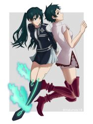  2girls armored_boots arms_behind_back bare_arms belt black_belt black_boots black_jacket black_skirt boots border breasts chinese_clothes collared_jacket collared_shirt cross d.gray-man dual_persona earrings emblem green_eyes green_hair grey_background hair_between_eyes hakahata18 high_heel_boots high_heels highres jacket jewelry lenalee_lee long_hair long_sleeves looking_at_another looking_back looking_to_the_side mandarin_collar miniskirt multiple_girls outside_border parted_lips pixie_cut profile red_boots shirt short_hair short_sleeves shorts side_slit sidelocks signature simple_background skirt small_breasts smile striped_clothes striped_jacket striped_skirt stud_earrings thigh_boots thigh_marking thighs time_paradox twintails twitter_username vertical-striped_clothes vertical-striped_jacket vertical-striped_skirt white_belt white_border white_shirt white_shorts white_stripes 