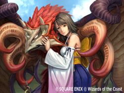  2girls beak bra bra_peek bra_strap brown_hair commentary_request copyright_notice detached_sleeves final_fantasy final_fantasy_x hakama hakama_skirt heterochromia horns hug japanese_clothes jewelry long_skirt magic:_the_gathering multiple_girls ninnin_(shishitou) obi official_art ring sash skirt underwear valefor wings yuna_(ff10) 