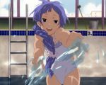  1girl blue_hair braid highres kannagi looking_at_viewer nagi official_art open_mouth purple_eyes smile solo swimsuit teeth water 