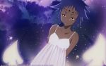  1girl arms_behind_back bare_arms blue_hair collarbone d.gray-man dark_skin facial_mark forehead_mark lowres nightgown road_kamelot short_hair sky smirk solo sparkle spiked_hair yellow_eyes 