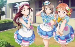  3girls ahoge artbook blue_eyes blue_necktie bow bowtie brown_hair dress grin hair_ornament hat highres index_finger_raised kimi_no_kokoro_wa_kagayaiteru_kai? long_hair looking_at_viewer love_live! love_live!_sunshine!! mini_hat multiple_girls necktie non-web_source official_alternate_costume official_art orange_hair outdoors pink_bow pink_necktie red_eyes red_hair sakurauchi_riko short_hair smile standing takami_chika watanabe_you yellow_bow yellow_bowtie yellow_eyes 
