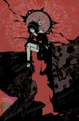  1girl bare_legs black_hair bodysuit crossed_legs demon_(megami_tensei) dress hand_on_own_knee highres hiromine_yoko long_dress off_shoulder shin_megami_tensei shin_megami_tensei_v shin_megami_tensei_v:_vengeance shioma_(akashio_ulk) short_hair sitting solo 