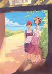  1boy 1girl bag black_hair cap clouds dress hat kamisama_ga_uso_o_tsuku looking_at_viewer ocean ozaki_kaori short_hair shorts sign 