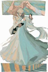  1boy 1girl anastasia_(fate) dancing fate/grand_order fate_(series) full_body fur-trimmed_jacket fur_trim glove_cutout grin highres jacket kadoc_zemlupus long_hair long_sleeves looking_at_another multiple_views pillar ruda_(ruda_0616_tfj) shadow sketch smile star_(symbol) star_print very_long_hair white_hair 