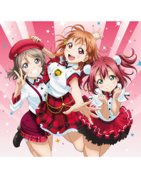  3girls ahoge aqua_eyes artbook beret blue_eyes blush bow bowtie cyaron!_(love_live!) genki_zenkai_day!_day!_day! grey_hair grin hair_ornament hat highres kurosawa_ruby looking_at_viewer love_live! love_live!_sunshine!! multiple_girls necktie non-web_source official_alternate_costume official_art open_mouth orange_hair red_bow red_bowtie red_eyes red_hair red_necktie red_shorts red_skirt shirt short_hair short_sleeves shorts skirt smile suspenders takami_chika two_side_up v watanabe_you white_shirt 