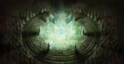  absurdres crowd dark demon&#039;s_souls engraved faceless from_above glowing green_light highres kneeling landscape monument official_art on_ground people robe standing the_monumental 