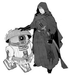  1boy astromech_droid black_gloves cloak gloves greyscale highres hood hooded_cloak katana looking_at_viewer may_the_4th monochrome muyoku666 r2-d2 robe robot simple_background star_wars sword weapon white_background 