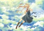  air blonde_hair blue_eyes boots cloud hair_ribbon kamio_misuzu long_hair open_mouth outstretched_arms ponytail ribbon school_uniform sky solo spread_arms yone_f15 