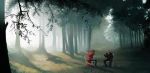  chair cigar cup dog earphones forest formal highres light mayumio nature scenery scenic sitting suit tree 