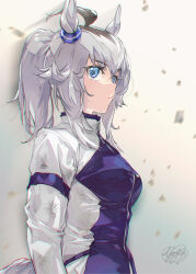  1girl absurdres ahoge animal_ears blue_eyes blue_jacket chromatic_aberration closed_mouth commentary debris dirty dirty_clothes ear_ornament from_side grey_hair high_collar highres horse_ears horse_girl horse_tail jacket kasamatsu_tracen_training_uniform light_frown lips long_sleeves looking_at_viewer medium_hair monochrome oguri_cap_(umamusume) ponytail sideways_glance signature solo standing tail track_jacket umamusume upper_body wind yanyo_(ogino_atsuki) 