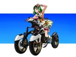  belt boots goggles green_eyes green_hair gumi headphones motorcycle riding short_hair simple_background skirt smile vehicle vocaloid 