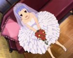  1girl :d blue_hair blunt_bangs couch flower highres kannagi looking_at_viewer nagi official_art purple_eyes scan sitting smile solo veil wedding_dress 
