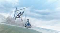  1girl belt belt_buckle blue_sailor_collar blue_skirt blue_socks bow brown_hair buckle character_request chest_bow chuo_tanegashima_high_school_uniform chuo_tanegashima_high_winter_school_uniform cropped_shirt from_behind fukuda_tomonori game_cg grey_shirt hair_between_eyes high-waist_skirt high_ponytail highres loafers looking_at_another mecha mecha_request miniskirt missile motion_lines motor_vehicle non-web_source official_art on_scooter pleated_skirt ponytail red_bow riding_scooter robot robotics;notes rocket rocket_ship sailor_collar school_uniform scooter senomiya_akiho shirt shoes skirt socks solo spacecraft 