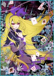 1girl black_jacket blonde_hair bow card chain choker cropped_jacket dokidoki!_precure dress flat_chest floral_background flower gate grey_dress hair_bow hands_on_own_chest huge_bow jacket kamikita_futago long_hair looking_afar multicolored_dress open_mouth playing_card precure purple_bow purple_choker purple_dress red_eyes regina_(dokidoki!_precure) solo