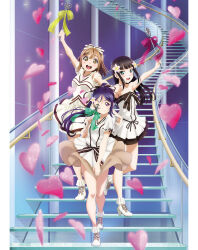  3girls aqua_eyes artbook azalea_(love_live!) black_hair blunt_bangs blush bow brown_hair dress flower hair_flower hair_ornament hair_ribbon heart high_heels highres kunikida_hanamaru kurosawa_dia long_hair looking_at_viewer love_live! love_live!_sunshine!! matsuura_kanan mole mole_under_mouth multiple_girls non-web_source official_alternate_costume official_art one_eye_closed open_mouth ponytail purple_hair ribbon shoes skirt smile stairs strapless strapless_dress torikoriko_please!! violet_eyes yellow_eyes 