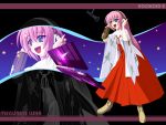  hands_on_headphones headphones japanese_clothes long_hair megurine_luka microphone miko open_mouth pink_hair solo vocaloid 