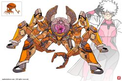  1girl absurdres apoloniodraws arm_up ben_10 ben_10:_alien_force black_eyes brainstorm_(ben_10) breasts claw_(weapon) glasses highres horseshoe mecha mecha_pilot_suit mechanical_legs omnitrix one_eye_closed open_hatch pilot robot scientist short_hair weapon white_hair 