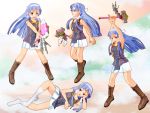 3d blue_hair blunt_bangs kannagi long_hair lying nagi purple_eyes skirt smile wand 