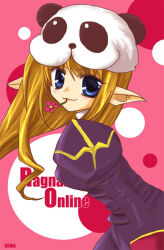  1girl 2000s_(style) artist_name blonde_hair blue_eyes blush closed_mouth commentary_request copyright_name dress flower flower_in_mouth juliet_sleeves koma_(bluesun) long_hair long_sleeves looking_at_viewer looking_to_the_side panda_hat pink_background pink_flower pointy_ears priest_(ragnarok_online) puffy_sleeves purple_dress ragnarok_online smile solo upper_body 