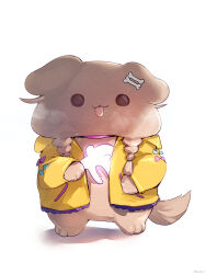  :3 :p animal animalization bone_hair_ornament braid cartoon_bone closed_mouth clothed_animal commentary_request dog full_body glowstick hair_ornament highres holding holding_glowstick hololive ikayaki_(ikayaki4) inugami_korone inugami_korone_(dog) jacket listener_(inugami_korone) looking_at_viewer low_twin_braids no_humans simple_background solid_circle_eyes standing tongue tongue_out twin_braids virtual_youtuber white_background yellow_jacket 