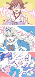  3girls aqua_bow aqua_bowtie asashimo_(kancolle) black_serafuku black_shirt black_skirt blonde_hair blue_eyes bow bowtie brown_hair detached_sleeves flipped_hair hagioshi hair_over_one_eye headgear hiei_(kancolle) highres kantai_collection long_hair multiple_girls neckerchief nontraditional_miko pleated_skirt ponytail red_eyes red_neckerchief sailor_collar sailor_shirt scarf school_uniform serafuku sharp_teeth shirt short_hair skirt teeth upper_body white_hair white_sailor_collar white_scarf yellow_eyes yuudachi_(kancolle) yuudachi_kai_ni_(kancolle) 