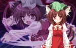  brown_eyes brown_hair cat_ears cat_tail catgirl chen earrings fang hat highres jewelry multiple_tails red_eyes reverse_noise short_hair solo tail touhou touhou_unreal_mahjong wallpaper yamu_(reverse_noise) 