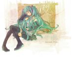  closed_eyes detached_sleeves hatsune_miku headphones heart heart_of_string heca long_hair nail_polish necktie skirt smile solo thighhighs vocaloid zettai_ryouiki 