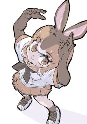  1girl :3 animal_ears arms_up brown_eyes brown_gloves brown_hair brown_neckerchief brown_skirt brown_socks brown_trim elbow_gloves frilled_skirt frills from_above full_body gloves hair_between_eyes highres japanese_hare_(kemono_friends) kemono_friends looking_at_viewer looking_up multicolored_hair neckerchief nenkou-san pleated_skirt rabbit_ears rabbit_girl rabbit_tail sailor_collar school_uniform serafuku shirt short_sleeves sidelocks skirt socks solo t-shirt tail white_hair white_shirt white_sneakers 