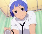  1girl blue_hair highres kannagi looking_at_viewer nagi nurse official_art purple_eyes smile solo 