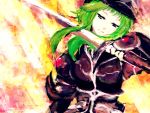  armor faux_traditional_media green_eyes green_hair gumi hat highres meola sword vocaloid weapon 