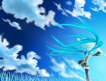   closed_eyes detached_sleeves hatsune_miku sky solo twintails vocaloid  