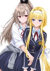  2girls absurdres alice_zuberg black_bow blonde_hair blue_eyes blue_jacket blue_skirt bow braid braided_ponytail breasts brown_hair closed_mouth clothes_around_waist collared_shirt commentary_request cowboy_shot english_commentary eydis_(sao) frown grey_sweater hair_between_eyes hair_bow hair_intakes headband highres hug hug_from_behind jacket long_hair long_sidelocks long_sleeves mixed-language_commentary multiple_girls neck_ribbon phanuchan red_eyes red_ribbon ribbon sao_survivor_school_uniform school_uniform shirt sidelocks simple_background skirt skirt_set sleeves_rolled_up small_breasts smile sweater sweater_around_waist sword_art_online sword_art_online:_alicization sword_art_online:_unleashed_blading very_long_hair white_background white_headband white_shirt 