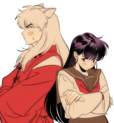  1boy 1girl animal_ears bead_necklace beads black_hair blush crossed_arms dog_boy dog_ears furrowed_brow green_sailor_collar green_skirt hair_between_eyes higurashi_kagome inb_ae inuyasha inuyasha_(character) japanese_clothes jewelry long_sleeves neckerchief necklace red_neckerchief red_shirt sailor_collar school_uniform shirt sidelocks skirt sweatdrop tooth_necklace white_background white_hair 