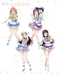  4girls ahoge aqua_eyes artbook black_hair bow bowtie bracelet flower green_bow green_bowtie hair_flower hair_ornament hat highres jewelry kimi_no_kokoro_wa_kagayaiteru_kai? kurosawa_dia long_hair looking_at_viewer love_live! love_live!_sunshine!! matsuura_kanan mole mole_under_mouth multiple_girls necktie non-web_source official_alternate_costume official_art open_mouth orange_hair pink_necktie ponytail purple_hair red_eyes red_hair red_necktie sakurauchi_riko short_hair skirt smile takami_chika violet_eyes yellow_bow yellow_bowtie yellow_eyes 