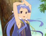  1girl :d arms_up blue_hair highres kannagi looking_at_viewer nagi official_art open_mouth purple_eyes smile solo tree 