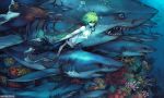  blue fish green_hair highres male original shark underwater yilee 