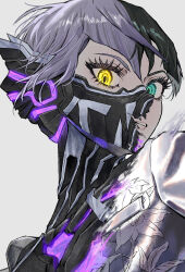  1boy androgynous bodysuit eyelashes green_eyes highres kusodekablack long_hair male_focus mask mouth_mask protagonist_(smtv) purple_hair school_uniform shin_megami_tensei shin_megami_tensei_v shin_megami_tensei_v:_vengeance solo transformation yellow_eyes 