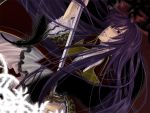  feathers kamui_gakupo long_hair male miyakozl purple_hair solo sword vocaloid weapon 