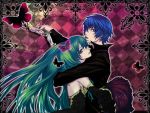  blue_eyes blue_hair butterfly cantarella_(vocaloid) checkered colored detached_sleeves green_eyes green_hair hatsune_miku hug kaito knife long_hair nayu twintails vocaloid 